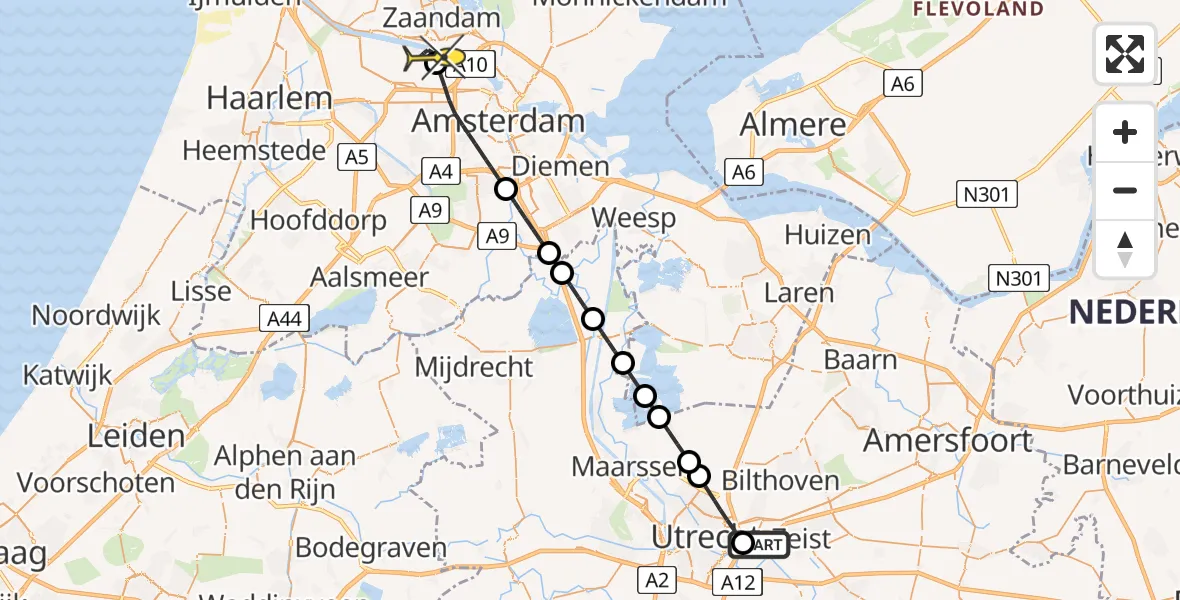 Routekaart van de vlucht: Lifeliner 1 naar Amsterdam Heliport