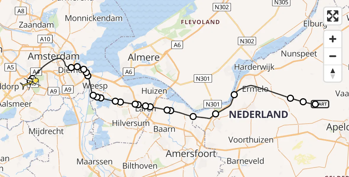 Routekaart van de vlucht: Politieheli naar Schiphol