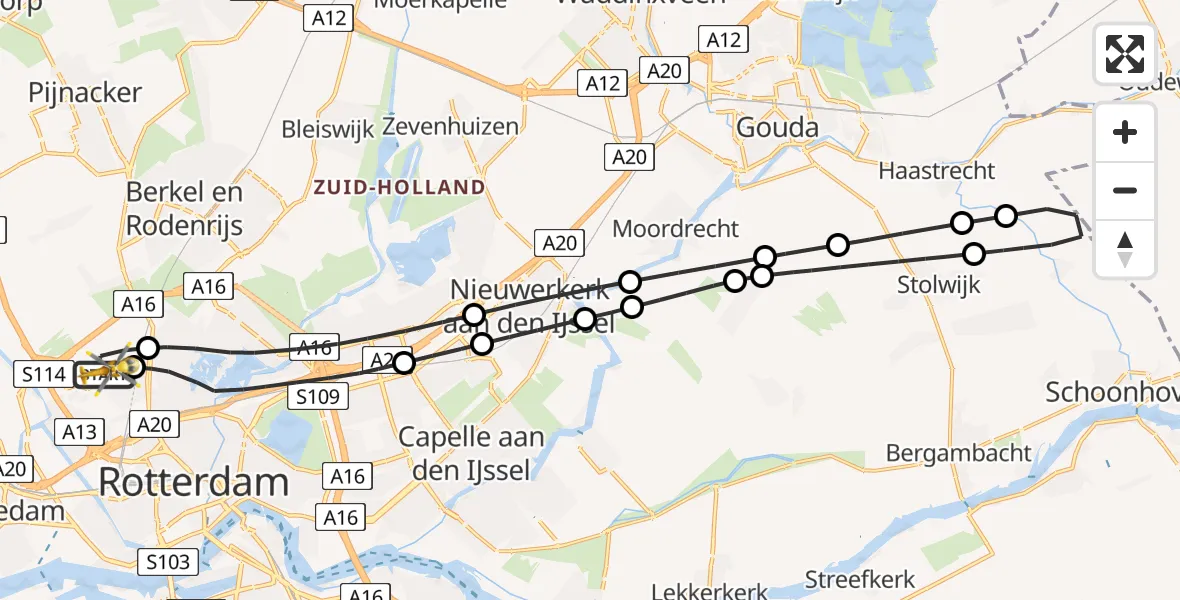 Vluchtroute Traumahelikopter Rotterdam The Hague Airport - Rotterdam The Hague Airport, 06 november 2023, 21:30
