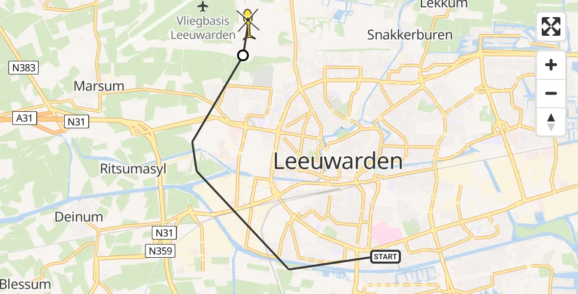 Vluchtroute Ambulancehelikopter van Leeuwarden naar Vliegbasis Leeuwarden