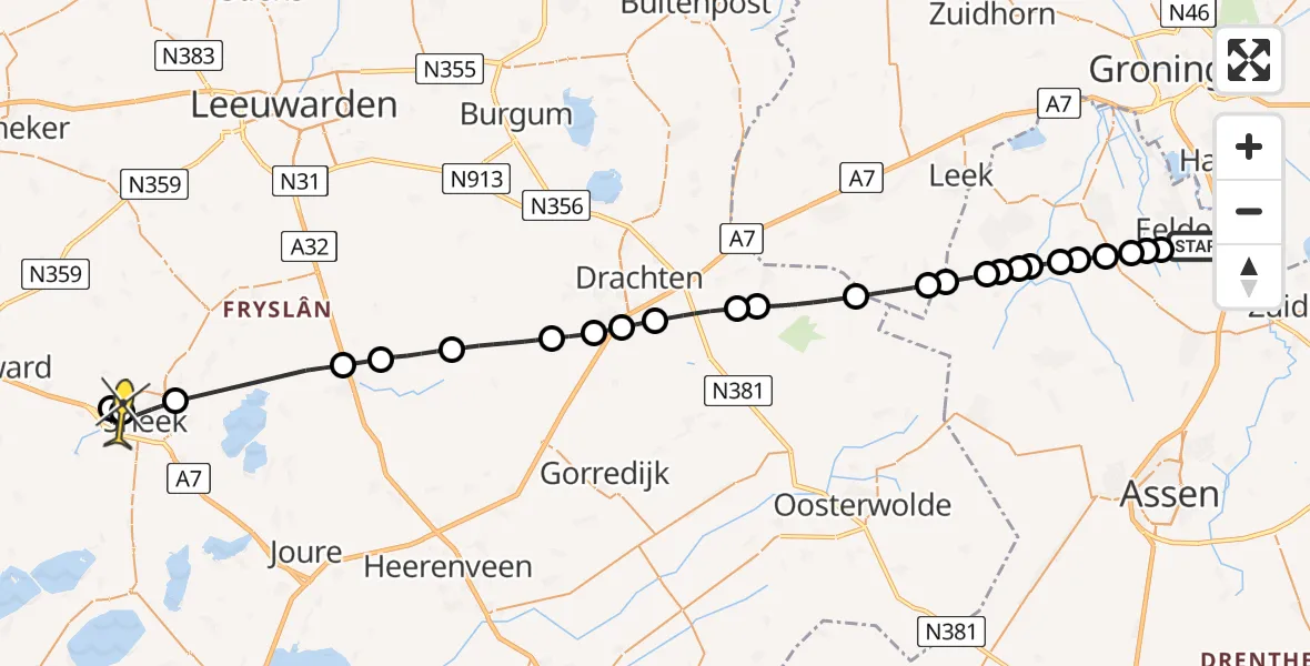 Routekaart van de vlucht: Lifeliner 4 naar Sneek