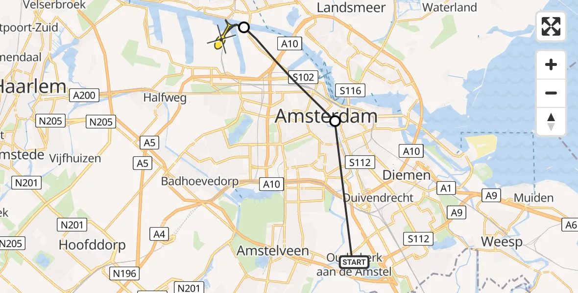 Routekaart van de vlucht: Lifeliner 1 naar Amsterdam Heliport