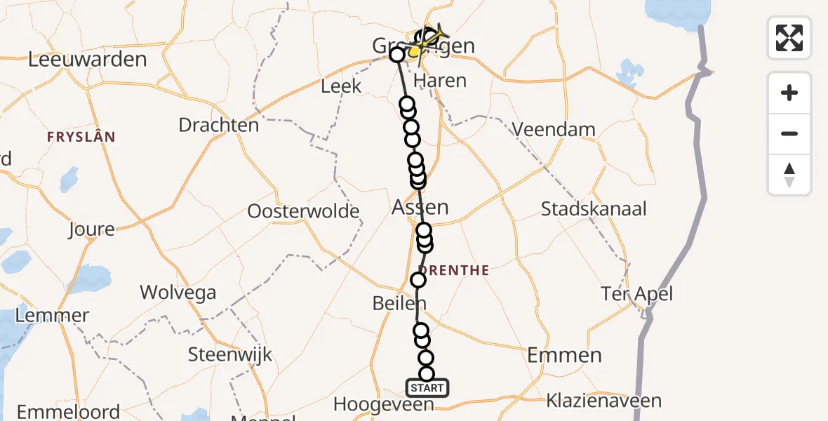 Routekaart van de vlucht: Lifeliner 4 naar Universitair Medisch Centrum Groningen