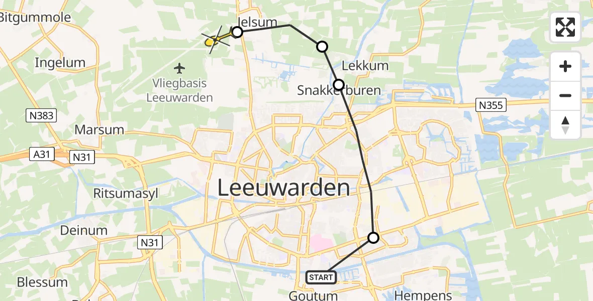 Routekaart van de vlucht: Ambulancehelikopter naar Vliegbasis Leeuwarden