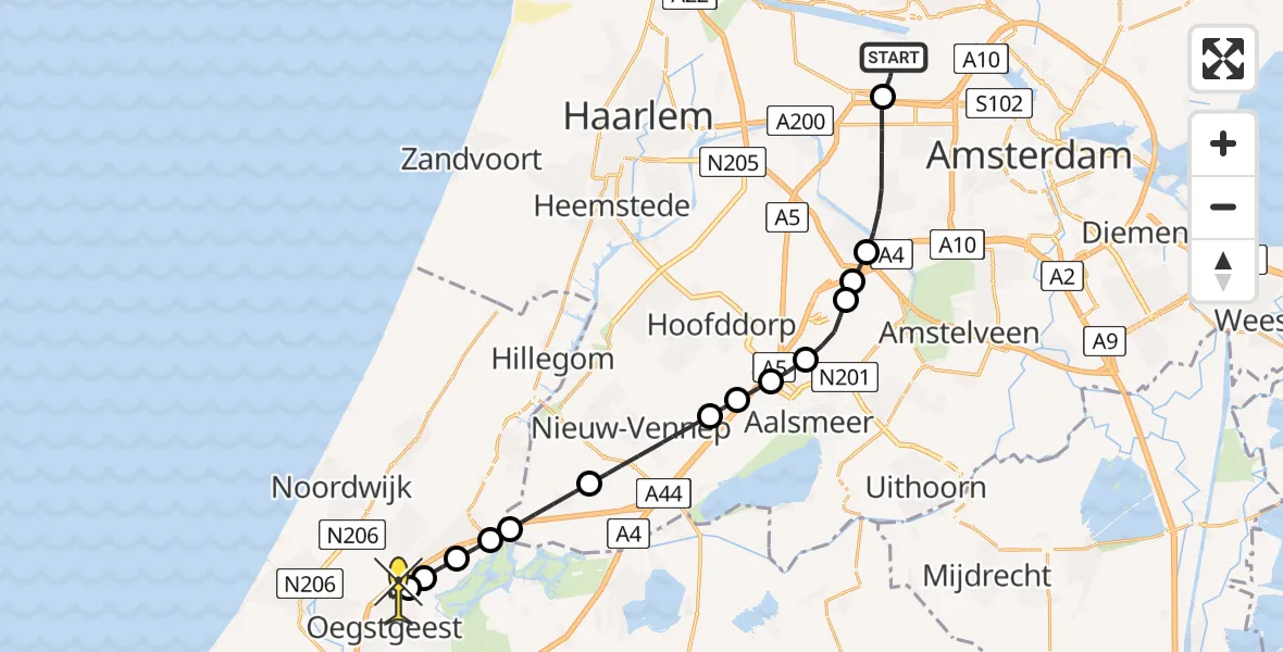 Routekaart van de vlucht: Lifeliner 1 naar Oegstgeest