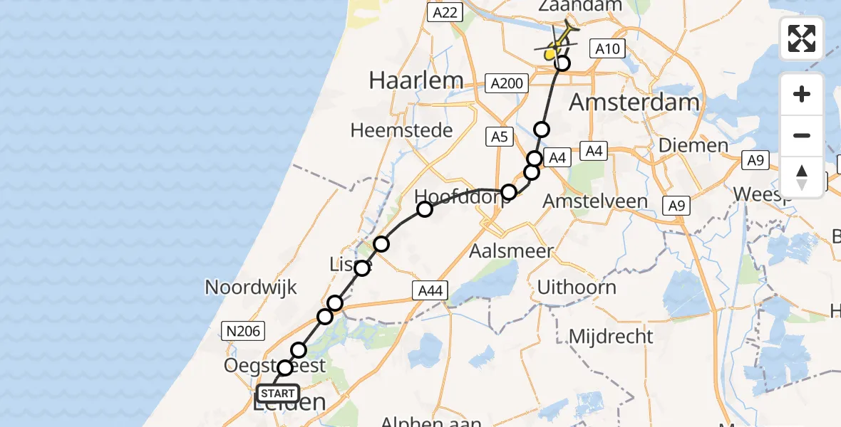 Routekaart van de vlucht: Lifeliner 1 naar Amsterdam Heliport