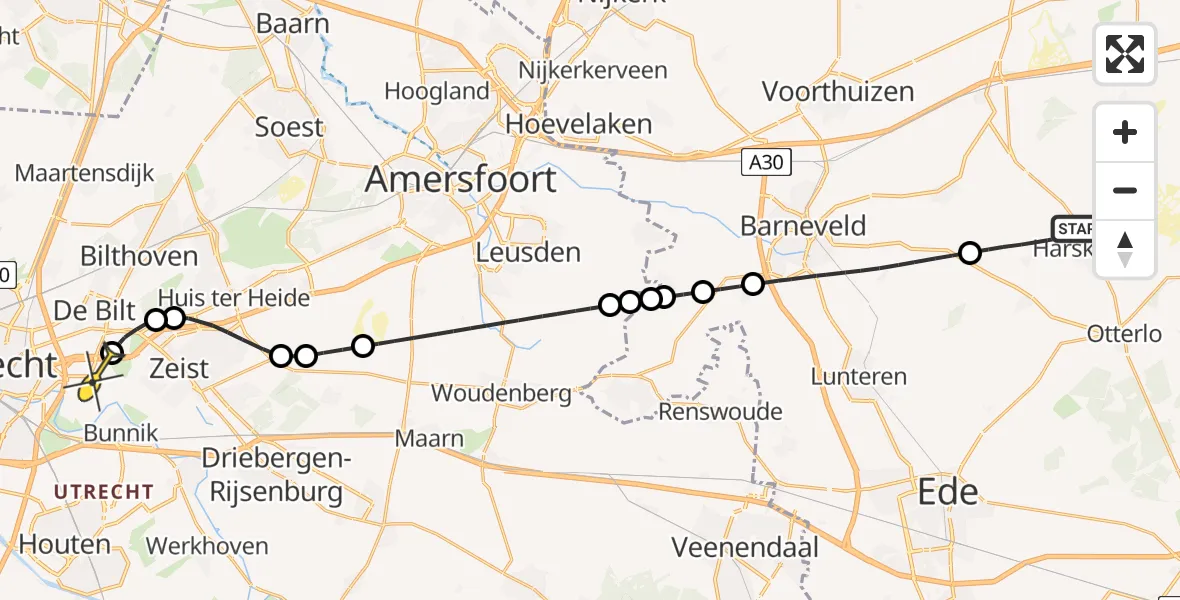 Routekaart van de vlucht: Lifeliner 3 naar Universitair Medisch Centrum Utrecht