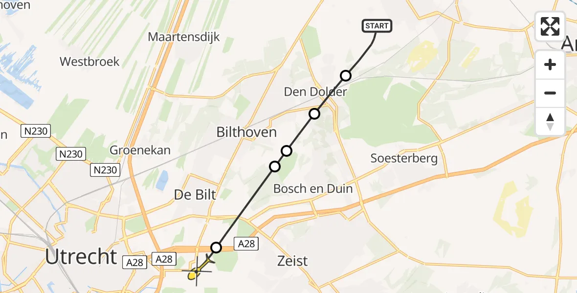 Routekaart van de vlucht: Lifeliner 1 naar Universitair Medisch Centrum Utrecht