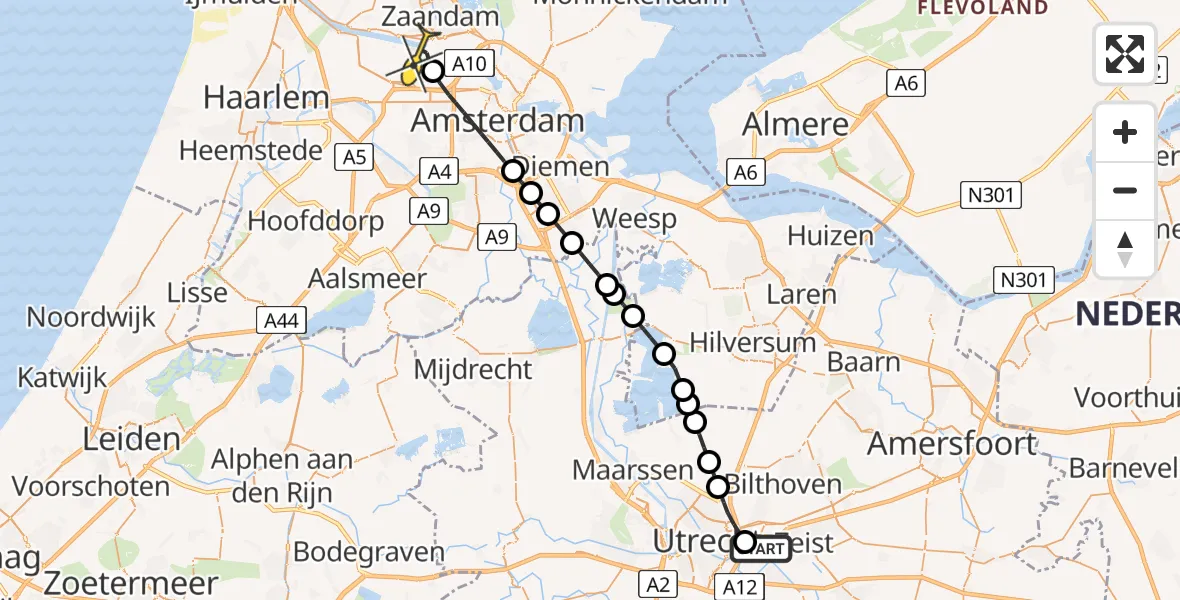 Routekaart van de vlucht: Lifeliner 1 naar Amsterdam Heliport