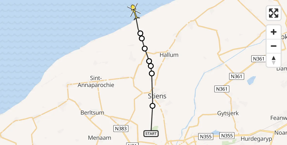 Routekaart van de vlucht: Ambulancehelikopter naar Marrum
