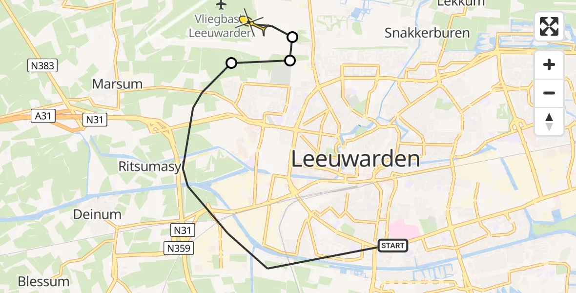 Vluchtroute Ambulancehelikopter van Leeuwarden naar Vliegbasis Leeuwarden