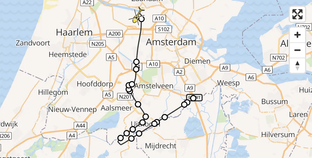 Routekaart van de vlucht: Lifeliner 1 naar Amsterdam Heliport