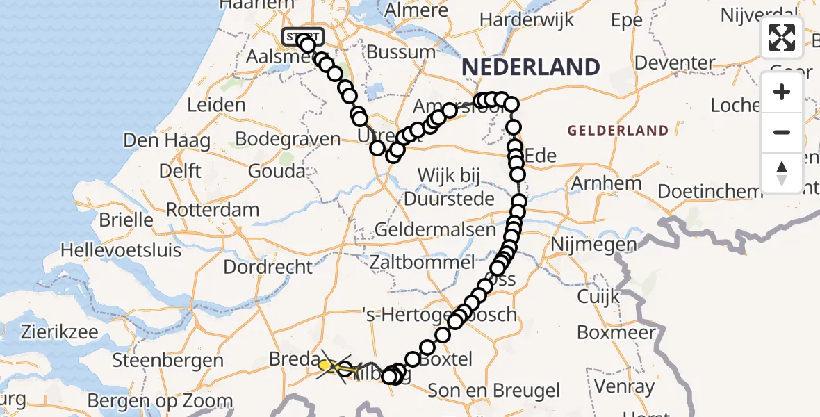 Vluchtroute Politiehelikopter van Schiphol naar Vliegbasis Gilze-Rijen