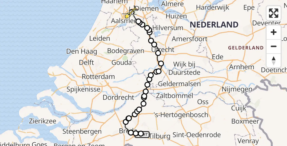 Vluchtroute Politiehelikopter van Vliegbasis Gilze-Rijen naar Schiphol