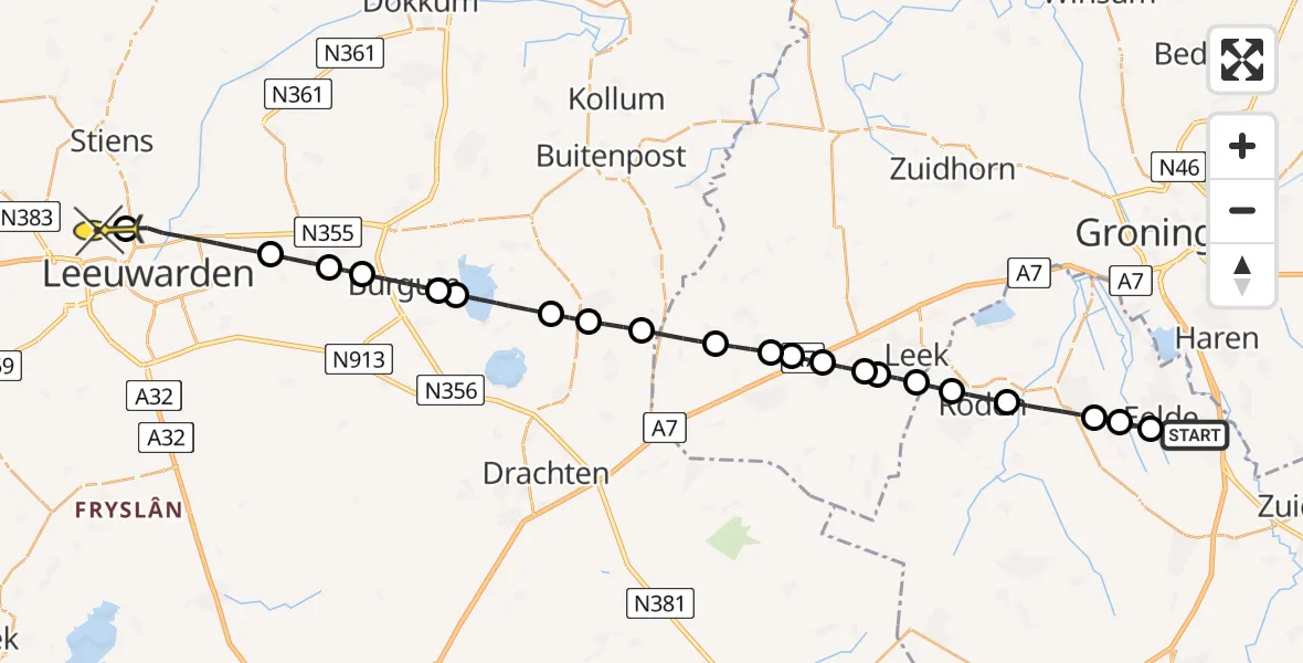 Routekaart van de vlucht: Lifeliner 4 naar Vliegbasis Leeuwarden