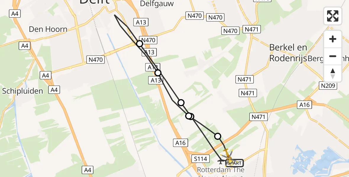 Vluchtroute Traumahelikopter Rotterdam The Hague Airport - Rotterdam The Hague Airport, 08 november 2023, 12:47