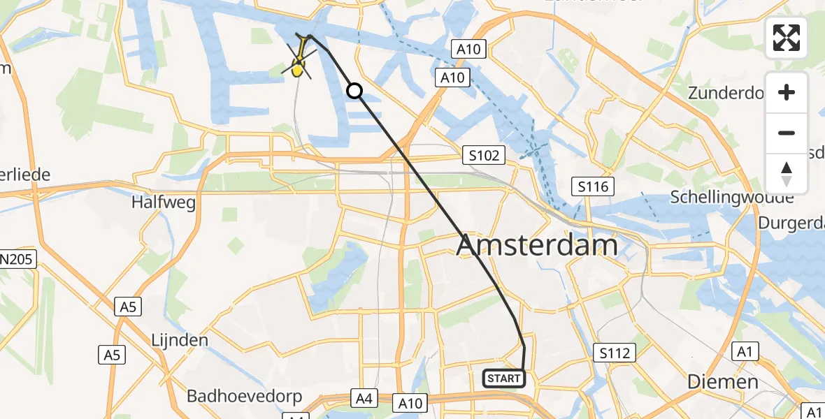 Routekaart van de vlucht: Lifeliner 1 naar Amsterdam Heliport