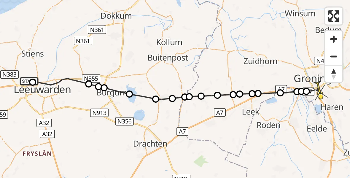 Routekaart van de vlucht: Lifeliner 4 naar Groningen