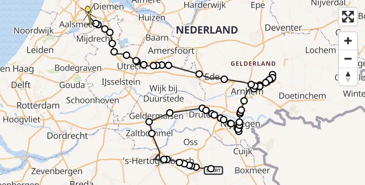 Vluchtroute Politiehelikopter van Vliegbasis Volkel naar Amstelveen