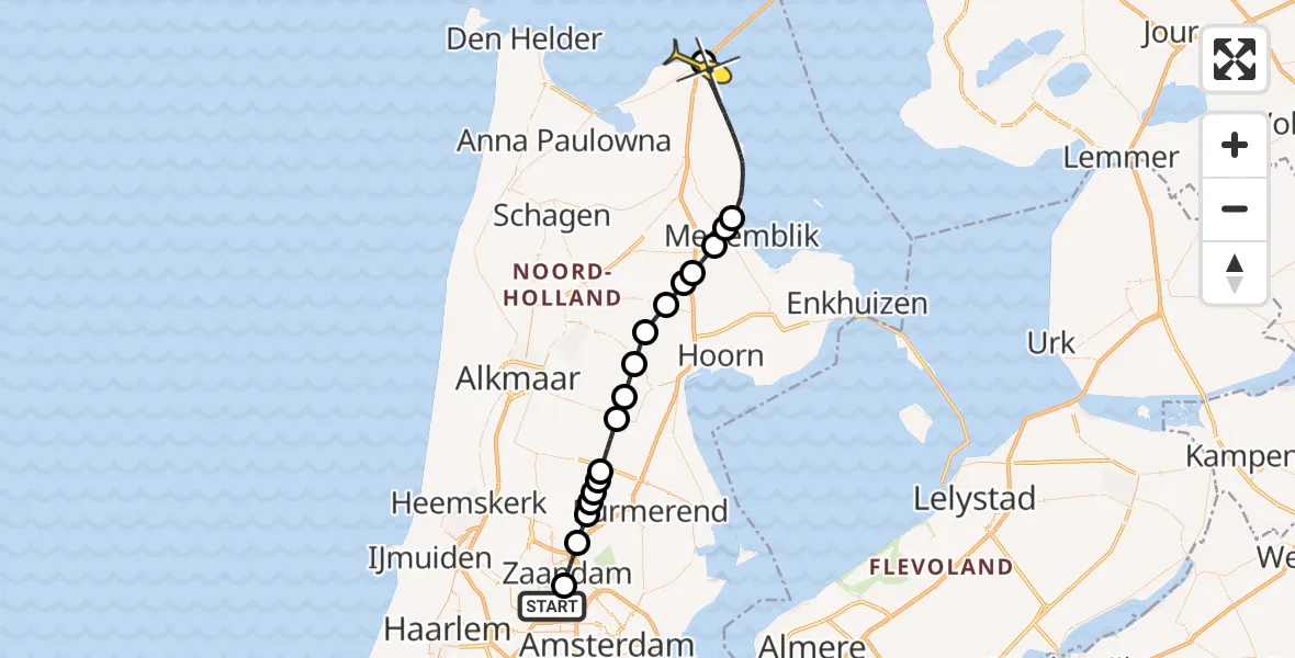 Routekaart van de vlucht: Lifeliner 1 naar Den Oever