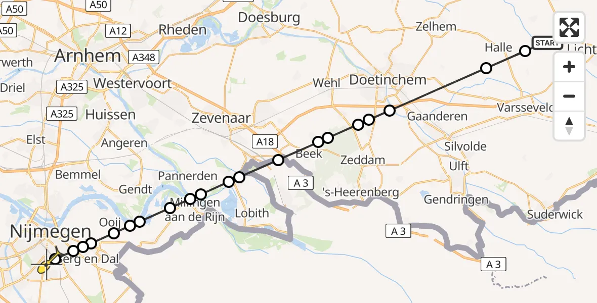 Routekaart van de vlucht: Lifeliner 3 naar Radboud Universitair Medisch Centrum