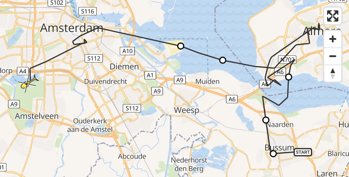 Routekaart van de vlucht: Politieheli naar Amsterdam