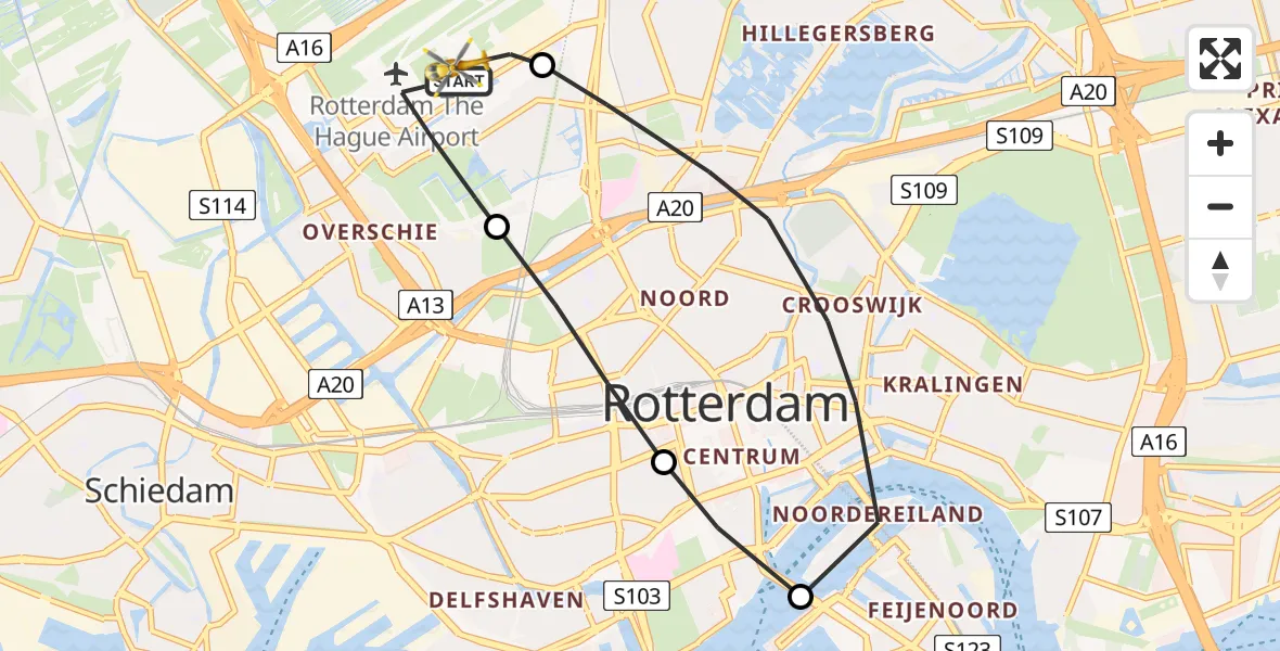 Vluchtroute Traumahelikopter Rotterdam The Hague Airport - Rotterdam The Hague Airport, 09 november 2023, 09:36