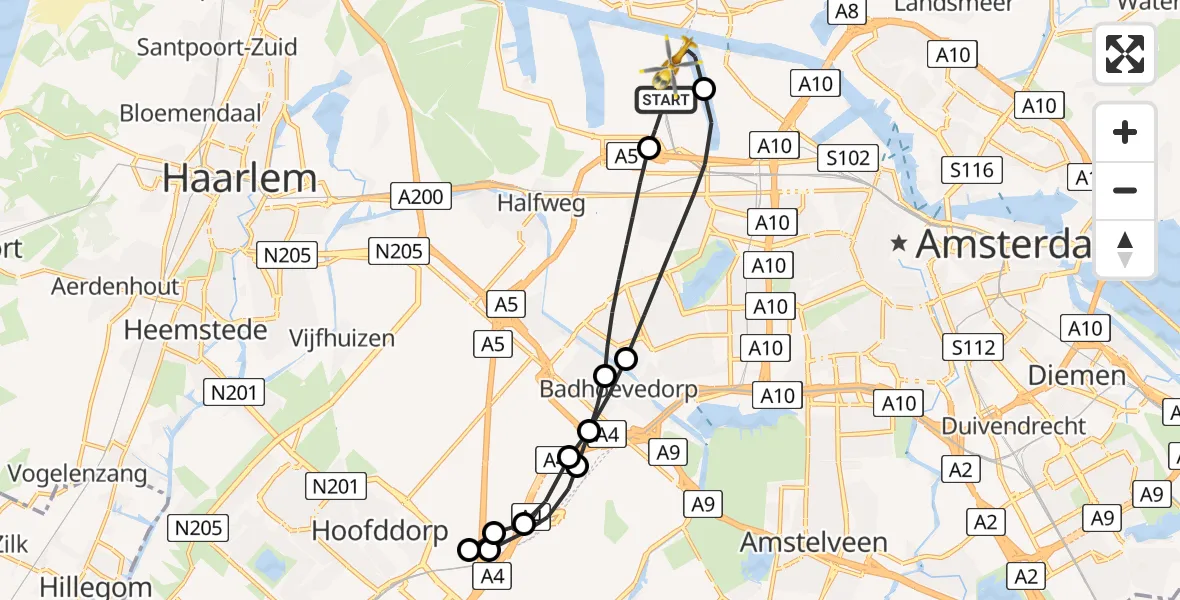 Vluchtroute Traumahelikopter Amsterdam Heliport - Amsterdam Heliport, 09 november 2023, 12:15