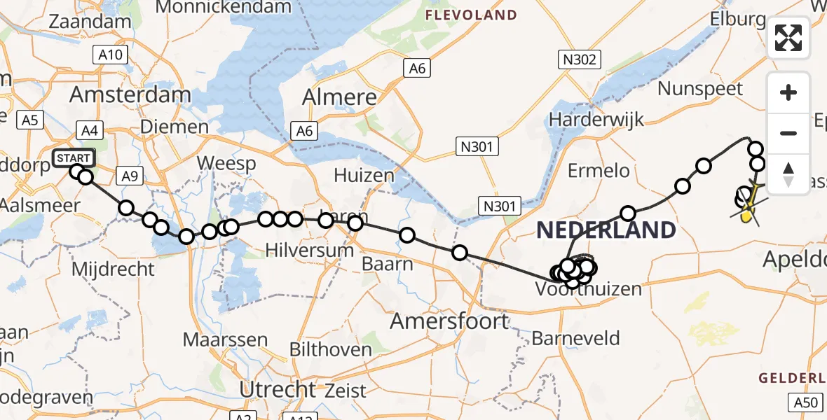 Routekaart van de vlucht: Politieheli naar Vaassen