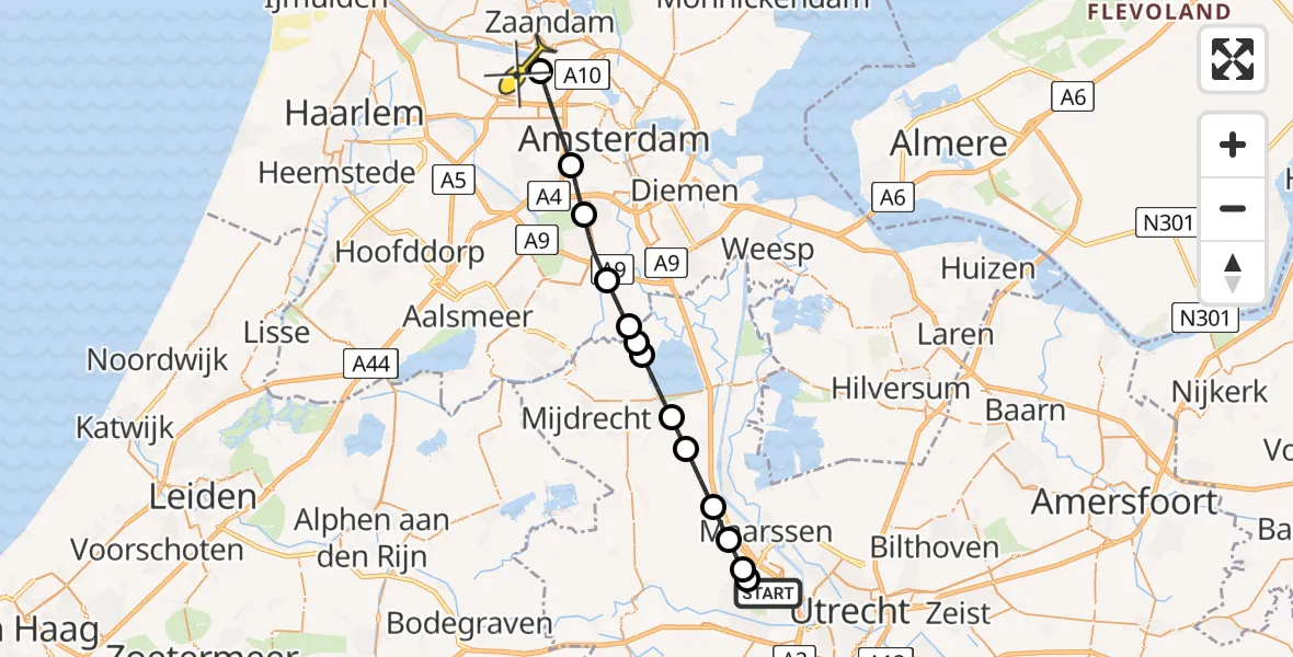 Routekaart van de vlucht: Lifeliner 1 naar Amsterdam Heliport