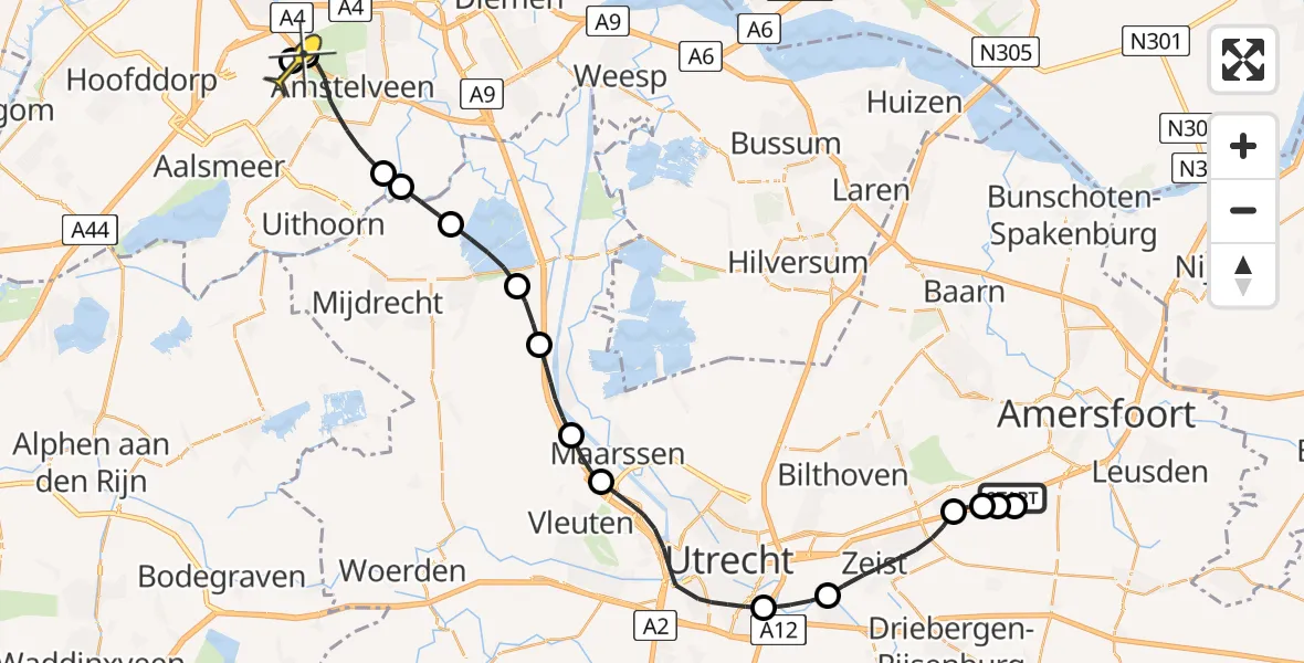 Routekaart van de vlucht: Politieheli naar Schiphol