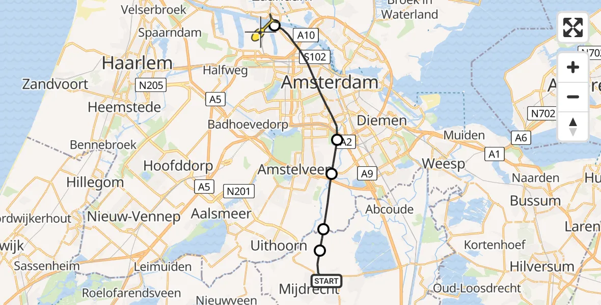 Routekaart van de vlucht: Lifeliner 1 naar Amsterdam Heliport