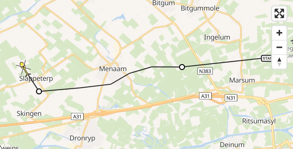 Routekaart van de vlucht: Ambulancehelikopter naar Slappeterp