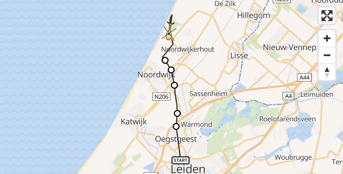 Routekaart van de vlucht: Ambulancehelikopter naar Noordwijk