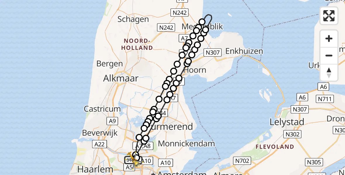 Vluchtroute Traumahelikopter Amsterdam Heliport - Amsterdam Heliport, 10 november 2023, 22:43