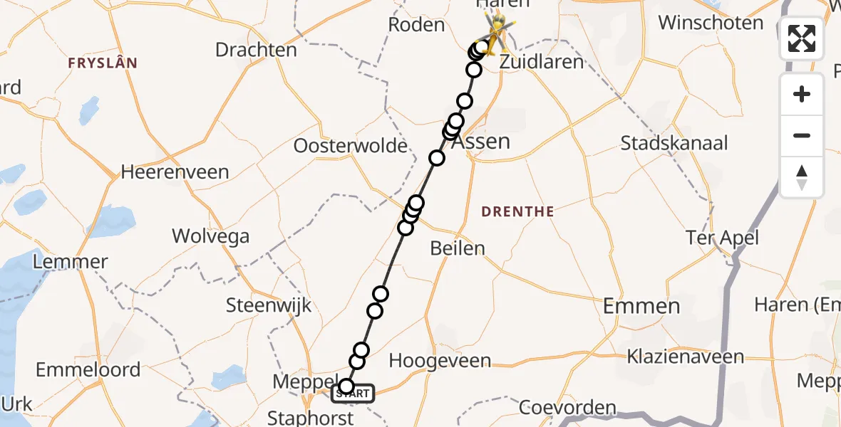 Vluchtroute Traumahelikopter de Wijk - Groningen Airport Eelde, 11 november 2023, 00:04