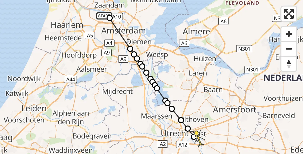 Routekaart van de vlucht: Lifeliner 1 naar Zeist
