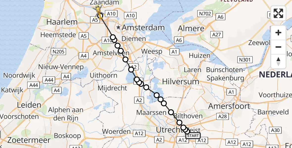 Vluchtroute Traumahelikopter Zeist - Amsterdam Heliport, 11 november 2023, 05:34