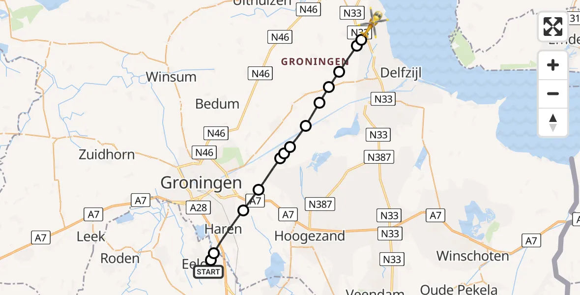 Vluchtroute Traumahelikopter Groningen Airport Eelde - Bierum, 11 november 2023, 06:48