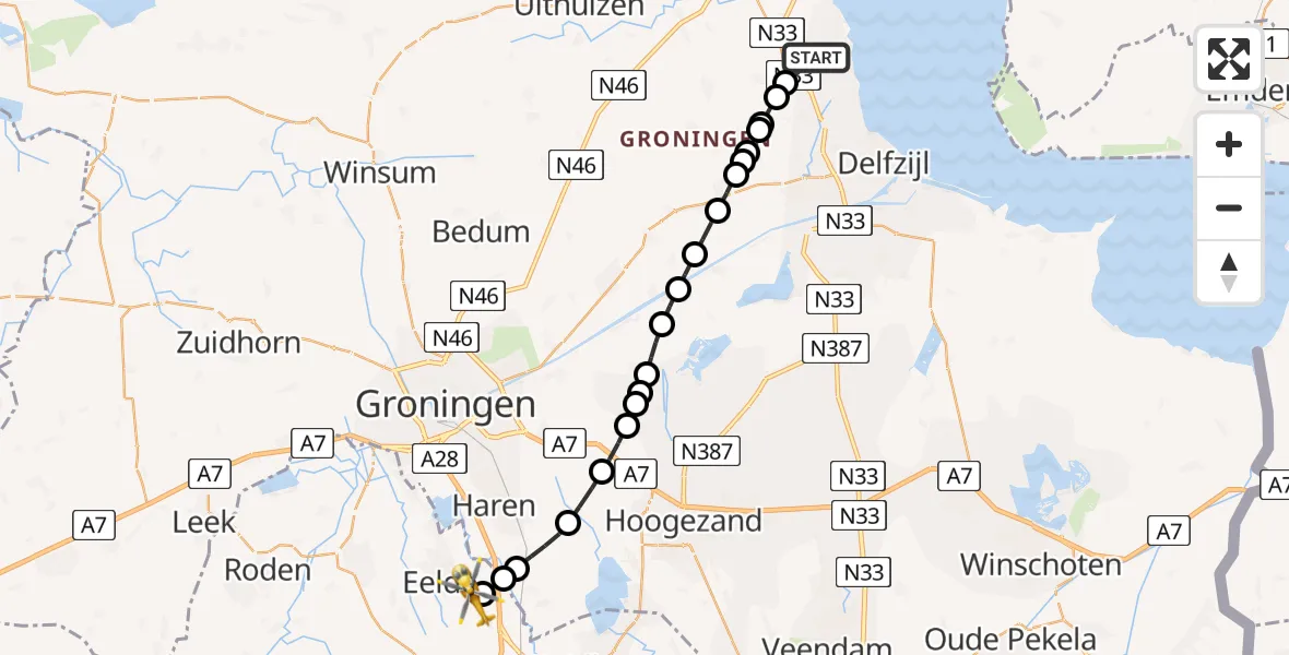 Vluchtroute Traumahelikopter Bierum - Groningen Airport Eelde, 11 november 2023, 07:15