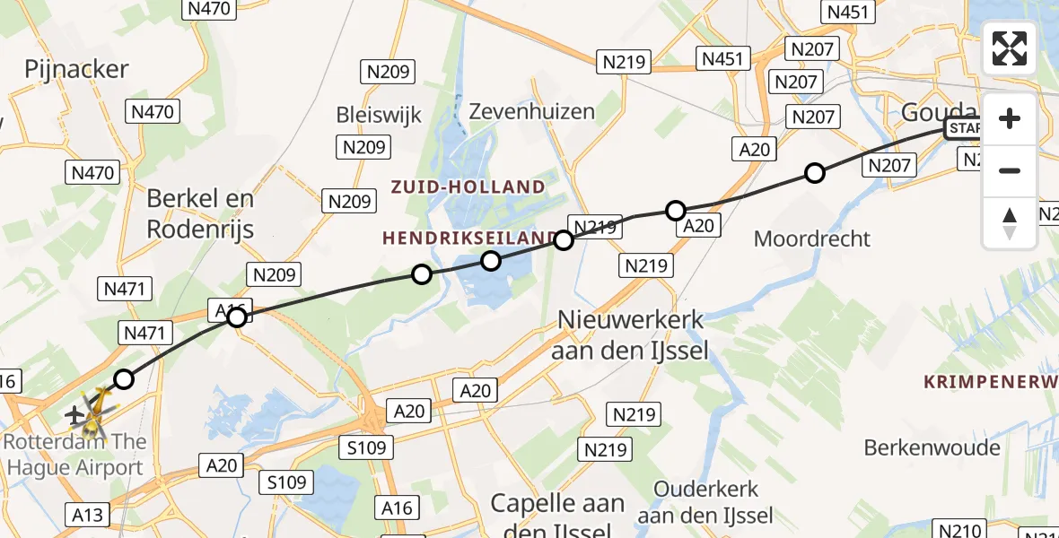 Vluchtroute Traumahelikopter Gouda - Rotterdam The Hague Airport, 11 november 2023, 07:28