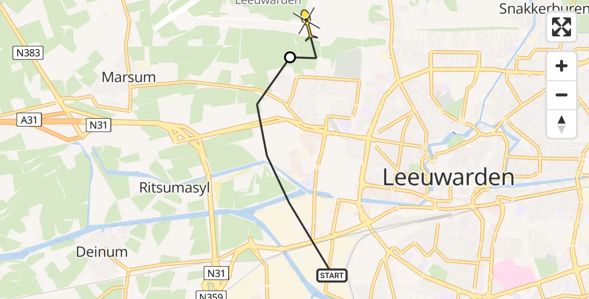 Routekaart van de vlucht: Ambulancehelikopter naar Vliegbasis Leeuwarden