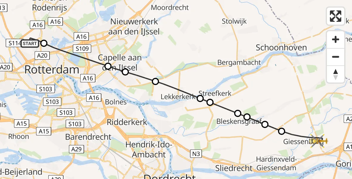 Vluchtroute Traumahelikopter Rotterdam The Hague Airport - Giessenburg, 11 november 2023, 10:50