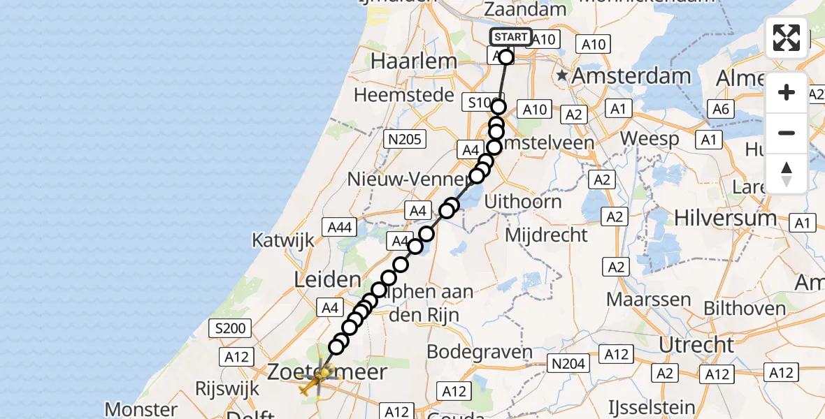 Vluchtroute Traumahelikopter Amsterdam Heliport - Zoetermeer, 11 november 2023, 12:18