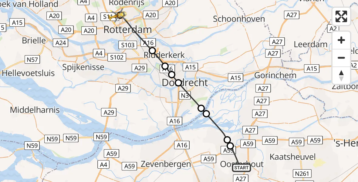 Vluchtroute Traumahelikopter Oosterhout - Rotterdam The Hague Airport, 11 november 2023, 14:14