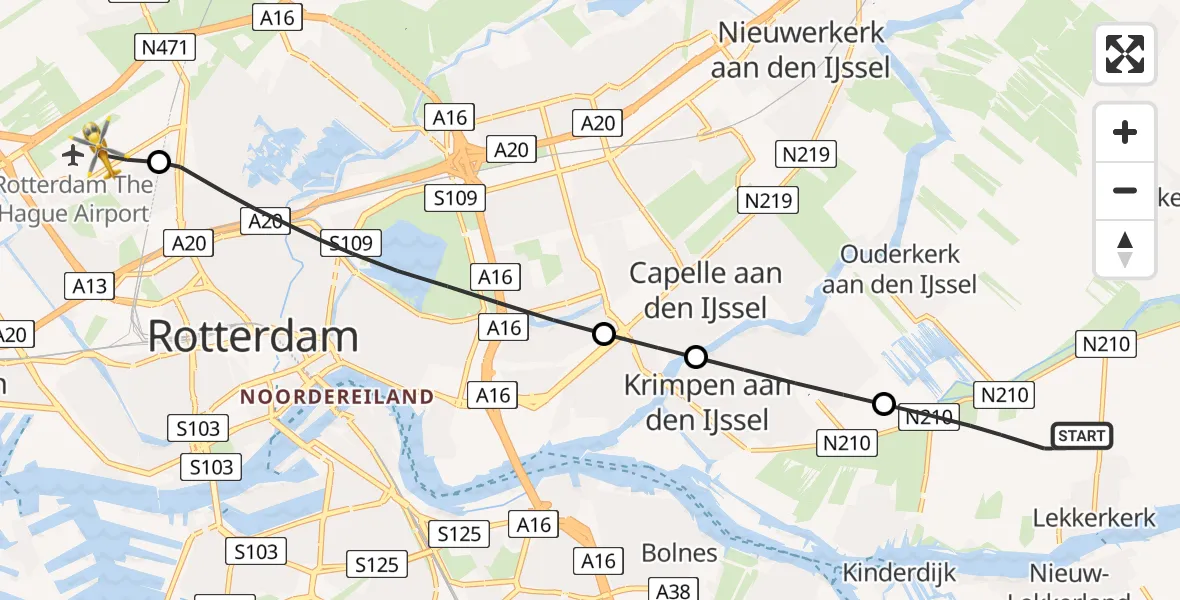 Vluchtroute Traumahelikopter van Lekkerkerk naar Rotterdam The Hague Airport