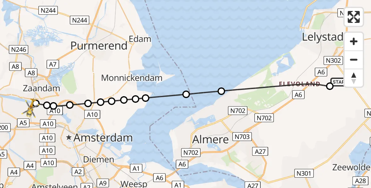 Vluchtroute Traumahelikopter Lelystad Airport - Amsterdam Heliport, 11 november 2023, 17:09