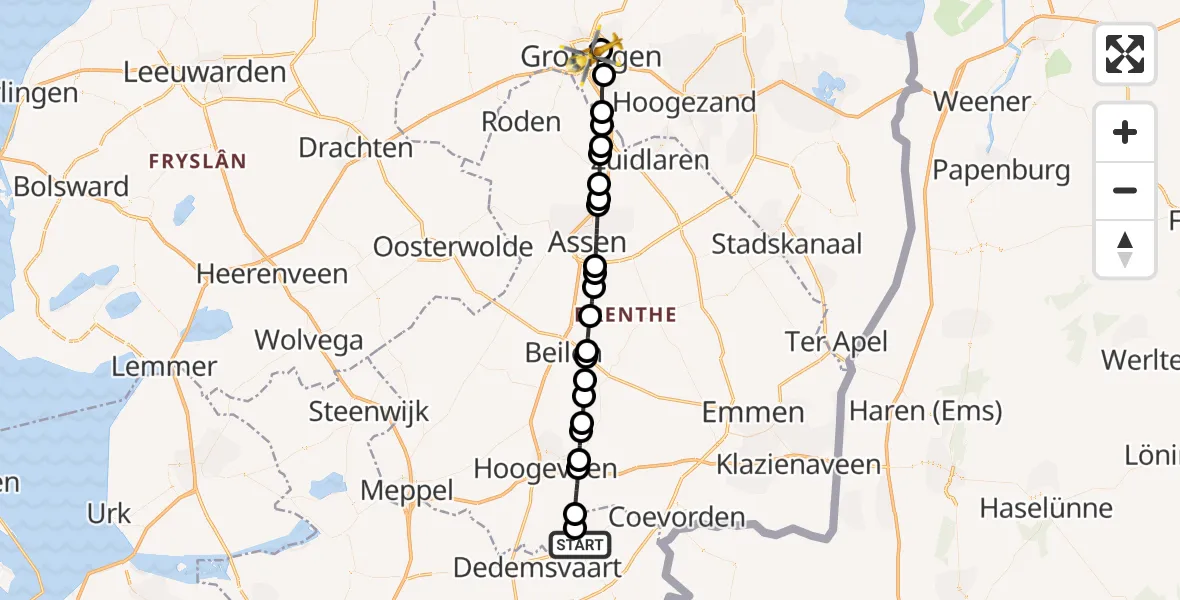Vluchtroute Traumahelikopter Slagharen - Universitair Medisch Centrum Groningen, 11 november 2023, 19:33