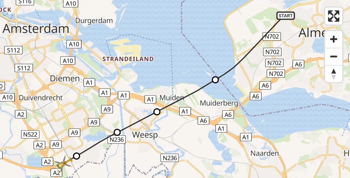 Vluchtroute Traumahelikopter Almere - Academisch Medisch Centrum (AMC), 11 november 2023, 22:43