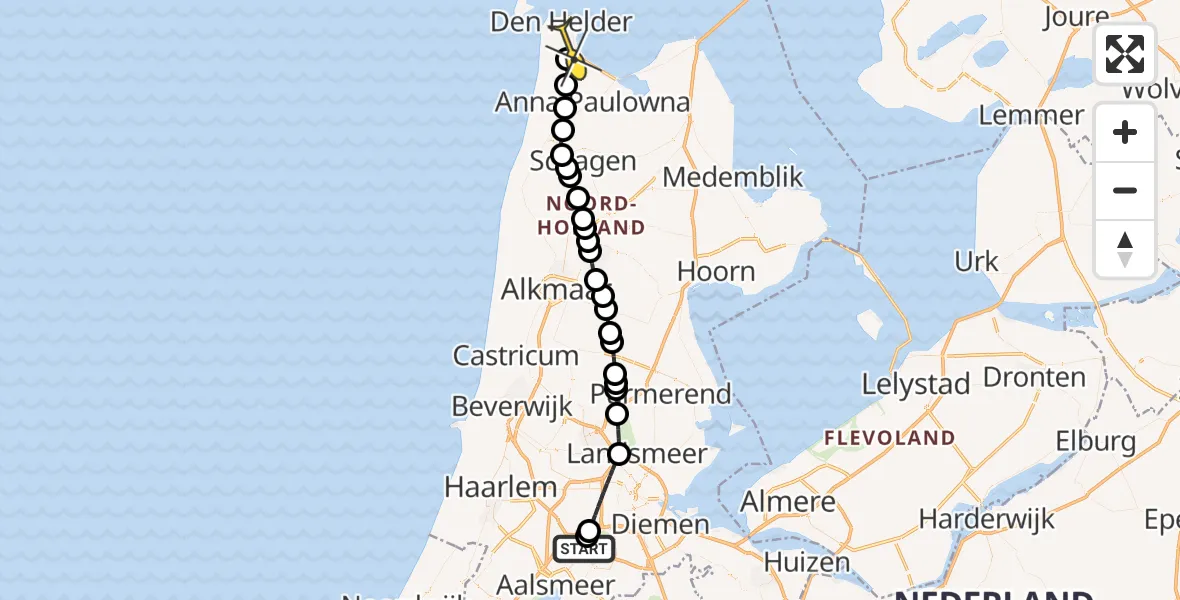 Vluchtroute Politiehelikopter van Schiphol naar Vliegveld De Kooy